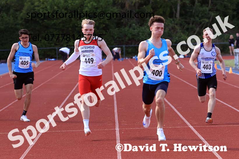 Mens under-17s 100 metres 2025 North Eastern Track and Field Champs., Shildon, County Durham. Photo: David T. Hewitson/Sports for All Pics